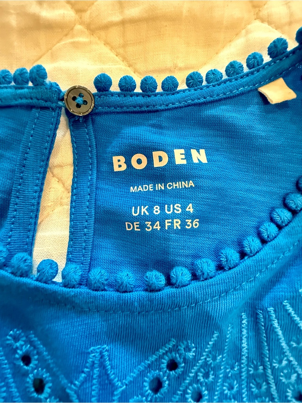 Boden Anya Broderie Embroidered Cotton Tee, Cerulean Blue, Size US 4, Like New - Picture 16 of 17